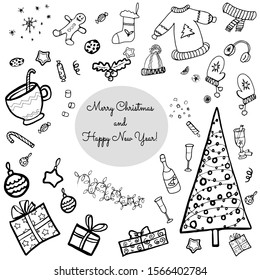 Merry Christmas and Happy New Year Big collection. Hand drawn vector stock set of xmas tree, garland, cookies, gift boxes, champagne bottle, glasses, star, mug, winter clothes. Isolated on white. 