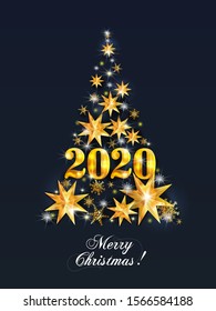 Merry Christmas and Happy New Year! Abstract Christmas tree made of golden stars, snowflakes and a golden sign 2020. Golden holiday label. Glitter and shine of a Christmas tree