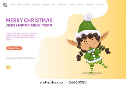 Merry Christmas and happy new year, cute female elf with closed eyes. Winter holidays celebration and greeting with wintry events. Website or webpage template, landing page, vector in flat style