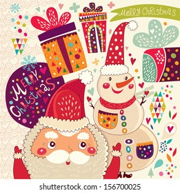Merry Christmas and Happy New Year card  with Santa