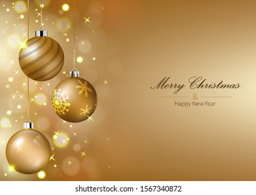 Merry Christmas and happy new year concept vector background, illustration. Christmas decorative gold ball and gradient golden background.