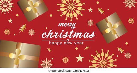 Merry Christmas and Happy New Year poster or greeting card design decorated with glossy baubles, golden stars and gift boxes