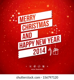 Merry Christmas and Happy New Year 2014 card. White ribbon, red background.  Vector image. 