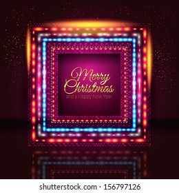 Merry Christmas and Happy New Year card with frame made of lights. Vector image. 
