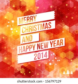 Merry Christmas and Happy New Year 2014 card. White ribbon, red background.  Vector image. 