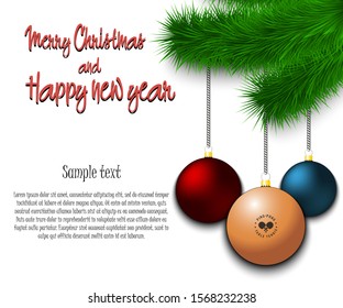 Merry Christmas and Happy new year. Ping-pong ball as a Christmas decorations hanging on a Christmas tree branch. Christmas decorations. Frame for text. Vector illustration