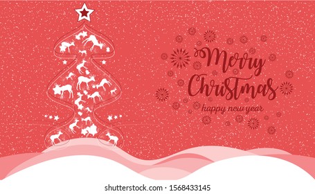 Merry Christmas and Happy New Year vector design for greeting cards and poster. Christmas background with winter landscape with snowflakes,tree and holiday dear. Vector illustration.
