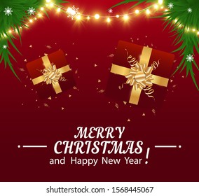 
Merry Christmas and happy new year festive realistic red background. New year illustration with gift box and golden tinsel.