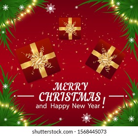 
Merry Christmas and happy new year festive realistic red background. New year illustration with gift box and golden tinsel.
