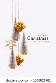 Merry Christmas and Happy New Year. Background with realistic festive gifts box. Christmas lush tree silver color. Xmas present. Golden baubles, balls, glitter gold confetti. metallic bronze snowflake