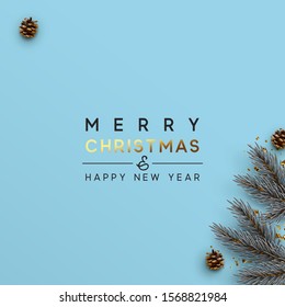 Merry christmas and happy new year. Xmas background with spruce and pine branches, realistic pine cones.