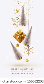 Merry Christmas and Happy New Year. Background with realistic festive gifts box. Christmas lush tree silver color. Xmas present. Golden baubles, balls, glitter gold confetti. metallic bronze snowflake