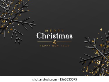 Merry Christmas and Happy New Year. Dark background with glitter gold confetti, 3d black snowflakes. Minimal Xmas design. vector illustration