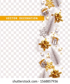 Merry Christmas and Happy New Year. Decorative Christmas Ornaments, realistic gift boxes, 3d snowflake, Xmas ball, lush pine tree. Silver and white color Holiday decoration. Decor Border from objects