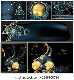 Merry Christmas and Happy New Year collection gold and blue