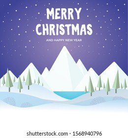 Merry Christmas and Happy New Year Holidays season greeting cards with pines and mountains hills on the background. Minimal winter landscape. Merry Christmas xmas cartoon illustration with text