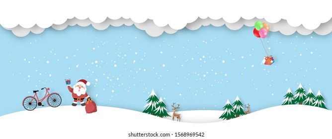 Merry Christmas and Happy New Year greeting card background with santa claus and bicycle with balloon and gift box paper cut style - Vector illustration.