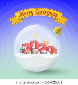 Merry Christmas and Happy New Year 2020. Realistic christmas glass ball. Greeting card. Flat 3d numbers and objects. Festive ribbon. vector illustration. Greeting card and advertising design template.