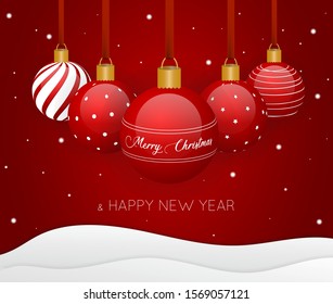 Merry Christmas and Happy New Year card banner with christmas balls and snow 