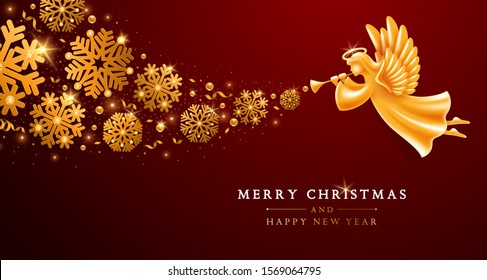 Merry Christmas and Happy New Year greeting card template. Golden Angel with wings, nimbus and trumpet flying with chic blizzard of snowflakes, tinsels and sequins on elegant dark background. Vector.