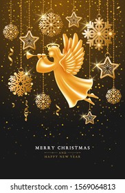 Merry Christmas and Happy New Year greeting card template. Golden Angel figure with wings, nimbus and trumpet, flying among the snowflakes, stars and sequins on elegant dark background. Vector.