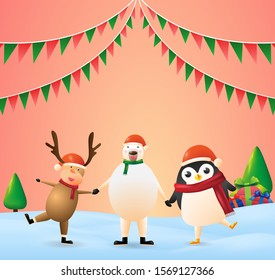 Merry Christmas and Happy new year concept. penguin, bear and reindeer happy and joyful together. Vector illustration in 3D design.