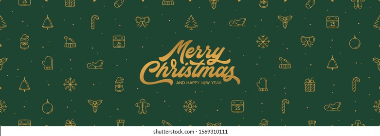 Merry Christmas and Happy New Year icons green greeting card. Golden greeting modern typography banner. Christmas xmas related seamless patten. Vector vintage illustration.