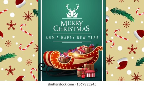 Merry Christmas and happy New Year, beautiful postcard with green vertical ribbon, Christmas texture on background and Santa Sleigh with presents
