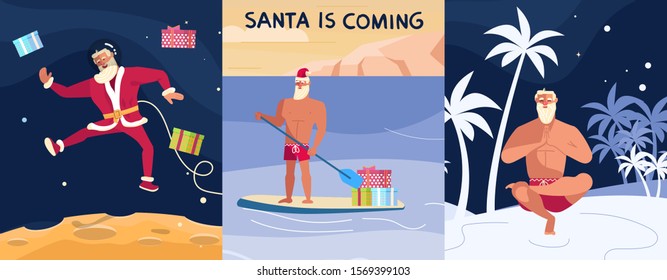 Merry Christmas and Happy New Year card! Young athletic Santa Claus isolated. Flat Art Vector illustration
