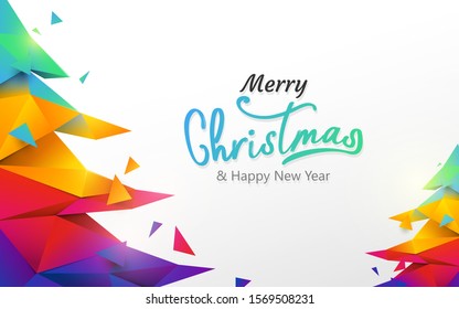 Merry Christmas and Happy new year banner. Colorful Christmas tree polygon on white background