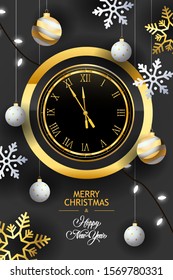 Merry Christmas and Happy New Year Greeting card or banner with a big golden clock, hanging Christmas toys and snowflakes. Vector illustration.