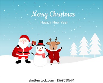 Merry Christmas and happy new year greeting card with cute Santa Claus, snowman, reindeer, and Christmas tree, Christmas scene with cartoon character on blue background