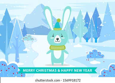 Merry Christmas and happy new year, greeting card for winter holidays celebration. Rabbit wearing knitted scarf and hat standing in forest. Bunny and landscape with trees. Hare with long ears vector