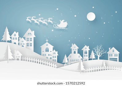 Merry Christmas or Happy New Year card in winter landscape with houses and building and Santa Claus on the sky in winter season. Vector illustration art in paper cut design.