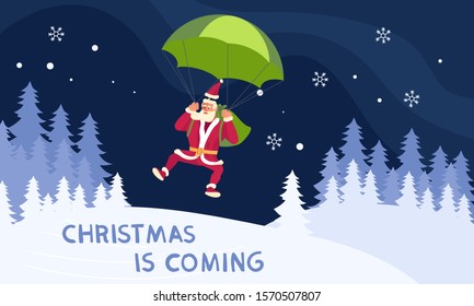 Merry Christmas and Happy New Year card! Young athletic Santa Claus skydiving isolated. Flat Art Vector illustration