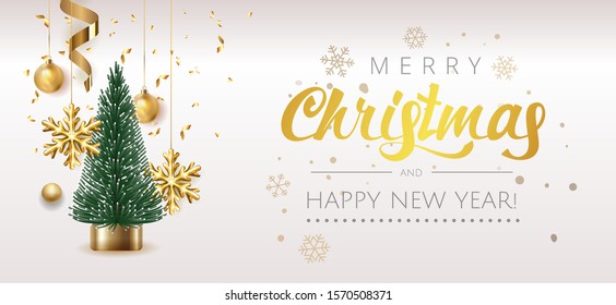 Merry Christmas and Happy New Year Holiday white banner illustration. Xmas design with realistic vector 3d objects, Christmas tree, golden Christmas ball, snowflake, glitter gold confetti.  Vector