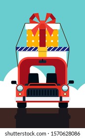 Merry Christmas and happy new year concept decorative with gift box on the top of red car flat design, vector illustration