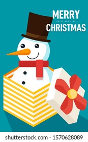 Merry Christmas and happy new year concept decorative with snowman inside a gift box flat design, vector illustration