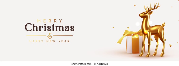 Merry Christmas and Happy New Year. Holiday Xmas objects design, golden deer, gift box, Gold lights bokeh and glitter confetti. Gift card. Horizontal banner, web poster, header for website. Vector