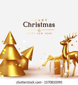 Merry Christmas and Happy New Year. Holiday Xmas objects design, golden deer, conical 3D Christmas trees, gift box, Gold lights bokeh and glitter confetti. Gift card. Vector illustration