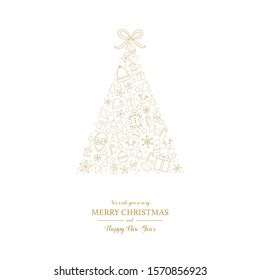 Merry Christmas and Happy New Year. Greeting card with tree. Vector