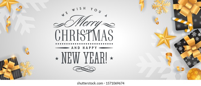 merry christmas and happy new year light background template with gold glitter decoration elements and calligraphy happy white vacation star party abstract holiday background scene ball new gold cerem