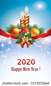 Merry Christmas and Happy New Year 2020 background with burning candles and Christmas decoration. Vector illustration