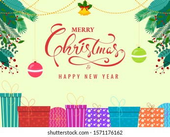 Merry Christmas & Happy New Year text with jingle bell, colorful gift boxes, hanging baubles and autumn leaves decorated on yellow background.