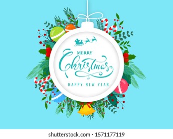 Merry Christmas & Happy New Year text in bauble shape frame decorated with jingle bell, balls, candy cane, holly berry, leaves and berry branch on blue background.
