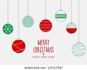 Merry Christmas & Happy New Year celebration greeting card design with hanging creative baubles in different pattern on white background.