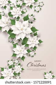 Merry Christmas and happy new year greeting card,Cream poinsettia flowers,Paper art design and craft style