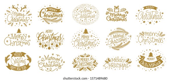 Merry Christmas and Happy New year hand drawn gold lettering text set. Typography greeting cards. Wishing handwritten calligraphic postcard. Winter holiday poster. Xmas banner. Vector illustration