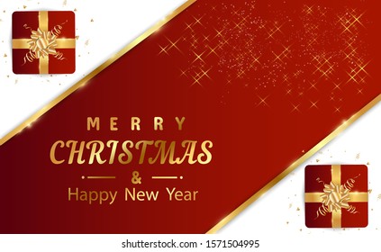 Merry Christmas and happy new year festive realistic red background. New year illustration with gift box and golden tinsel.