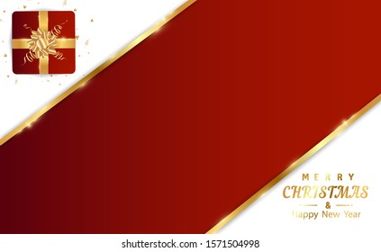 Merry Christmas and happy new year festive realistic red background. New year illustration with gift box and golden tinsel.